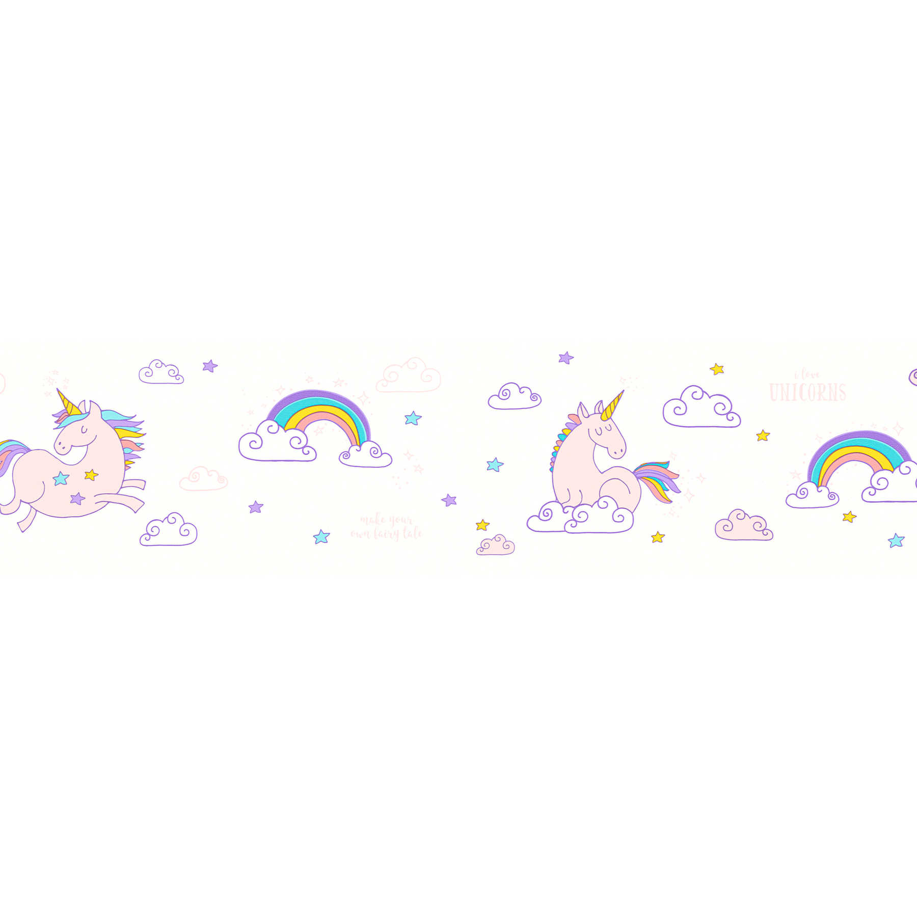 Bordure de papier peint licorne & arc-en-ciel pour chambre d'enfant - rose, blanc
