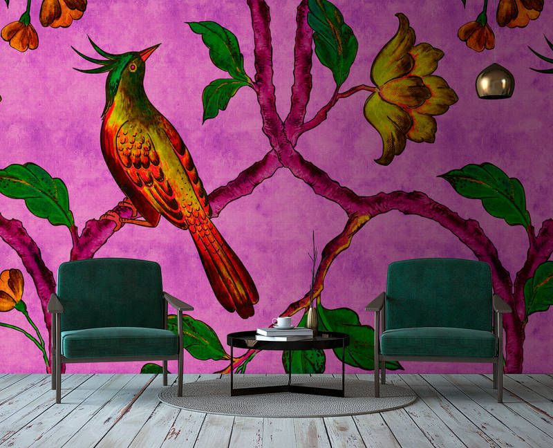 Ave del Paraíso 2 - Papel pintado impresión digital pájaro del paraíso en estructura lino natural - amarillo, verde | premium smooth fleece