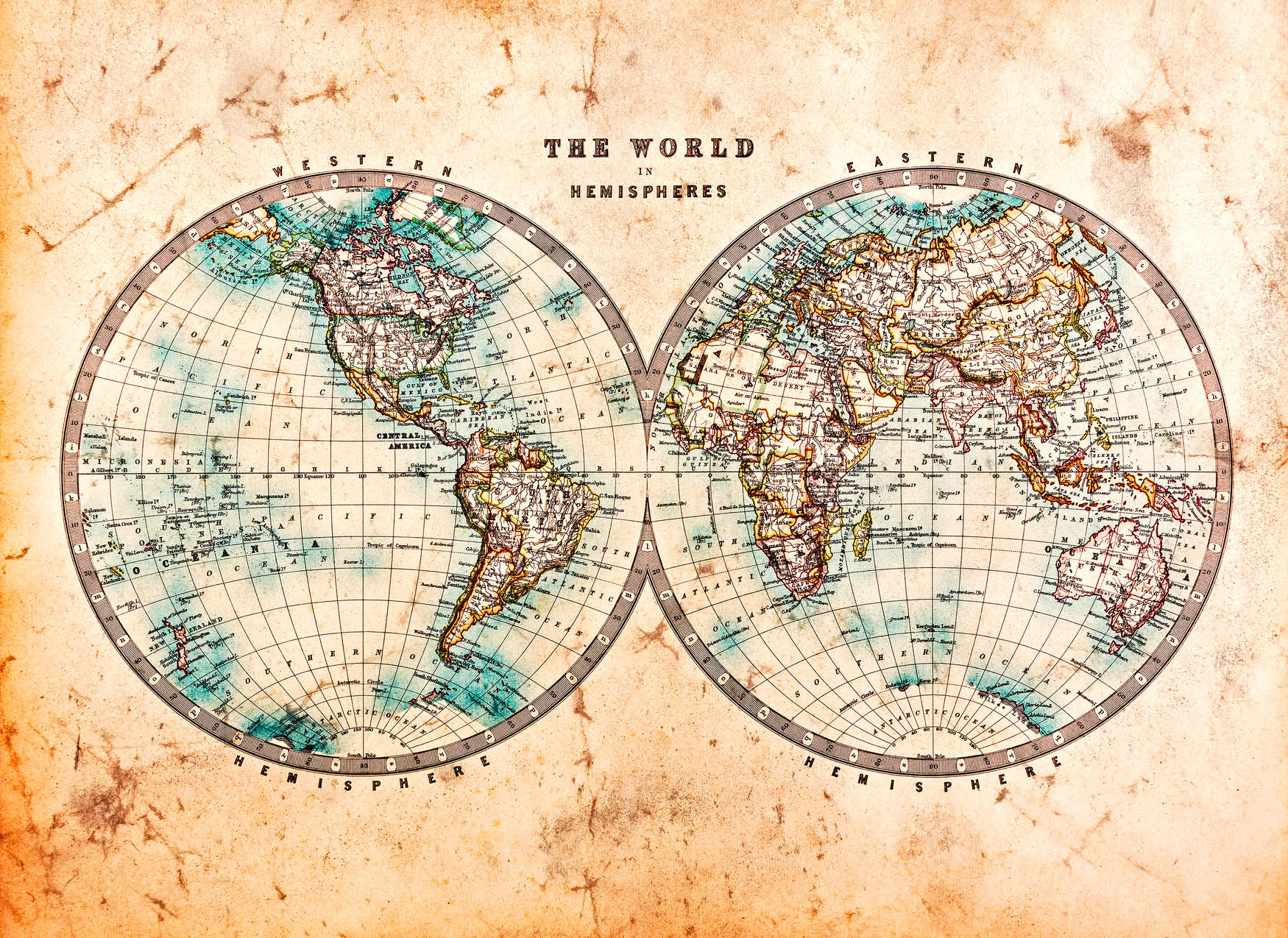             Vintage World Map in Hemispheres - Brown, Beige, Blue
        