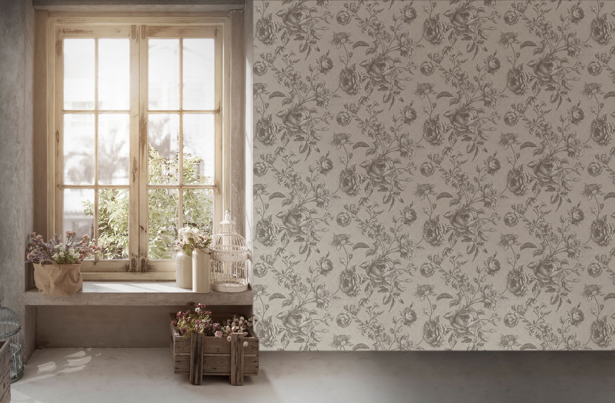 Country house wallpaper black and white AS387001Flowers