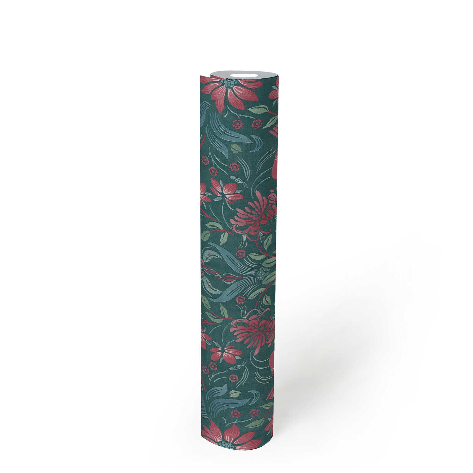             Papel pintado no tejido floral con flores y pájaros - verde oscuro, rosa, verde
        