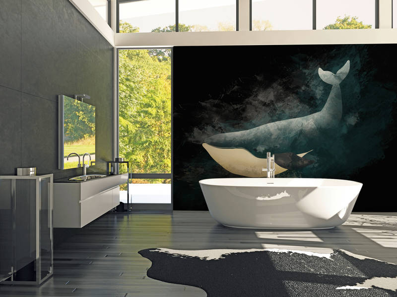             Zwart fotobehang met walvis in tekenontwerp
        