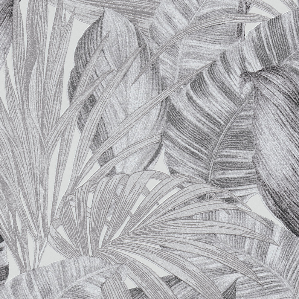             Patroonbehang met bladmotief in tekenstijl - zwart, wit, grijs
        