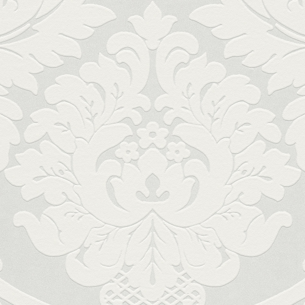             Carta da parati barocca con ornamento floreale 3D - metallizzata, bianca
        