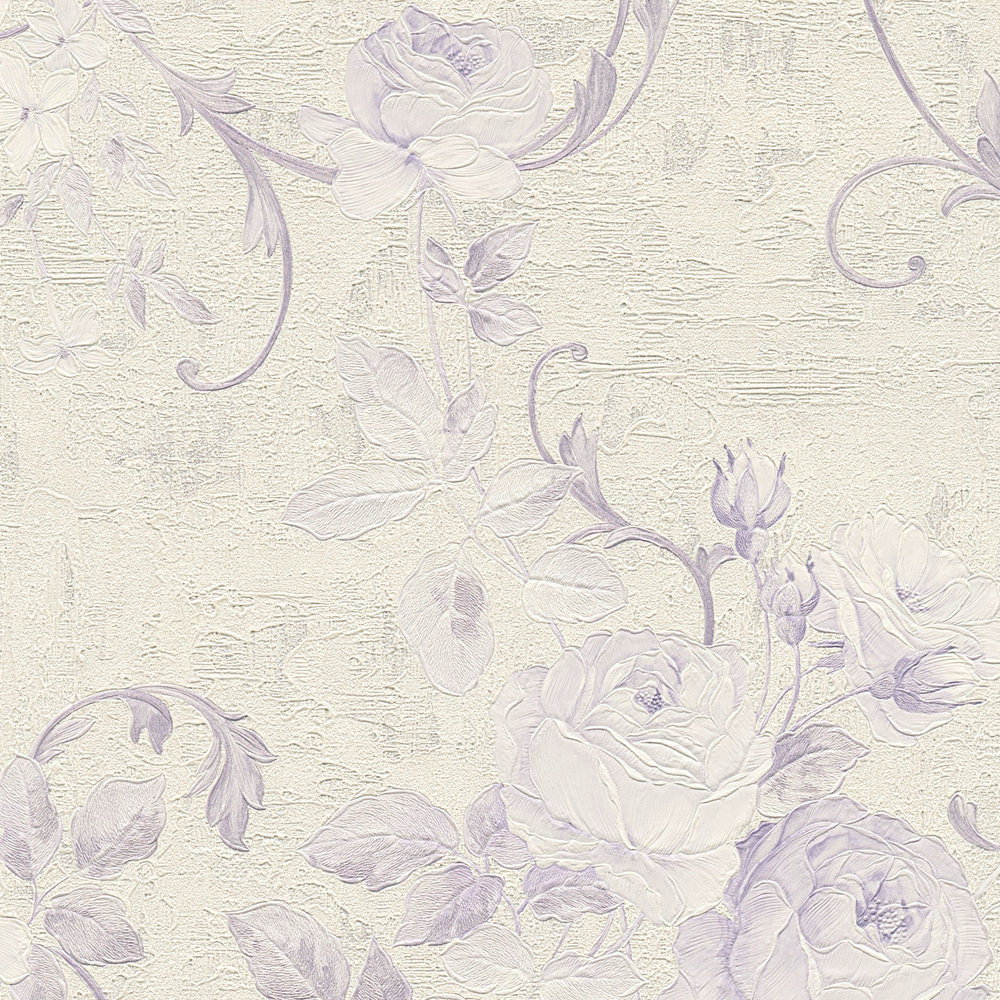             Wallpaper rose pattern & leaf tendrils - cream, metallic, purple
        