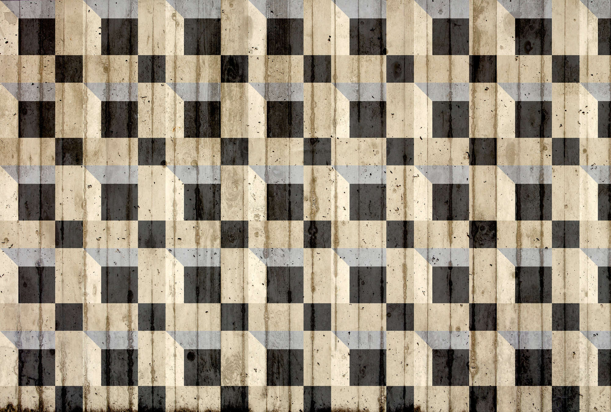             Papel pintado de hormigón con aspecto de capas y patrón de cubos - Beige, negro, gris
        