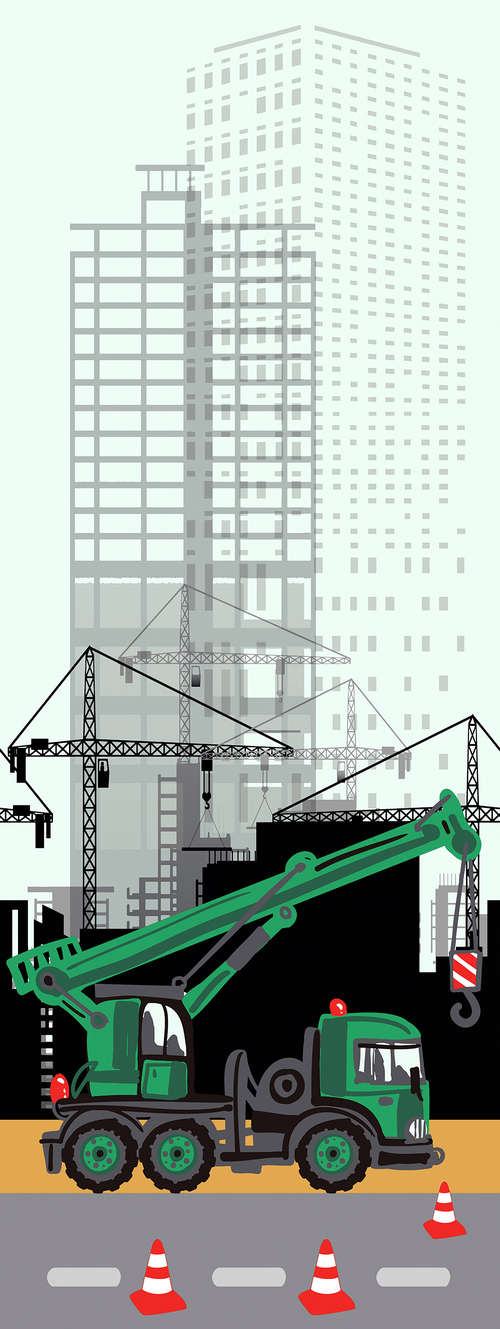             City mural construction site with crane vehicle on mother of pearl smooth non-woven
        