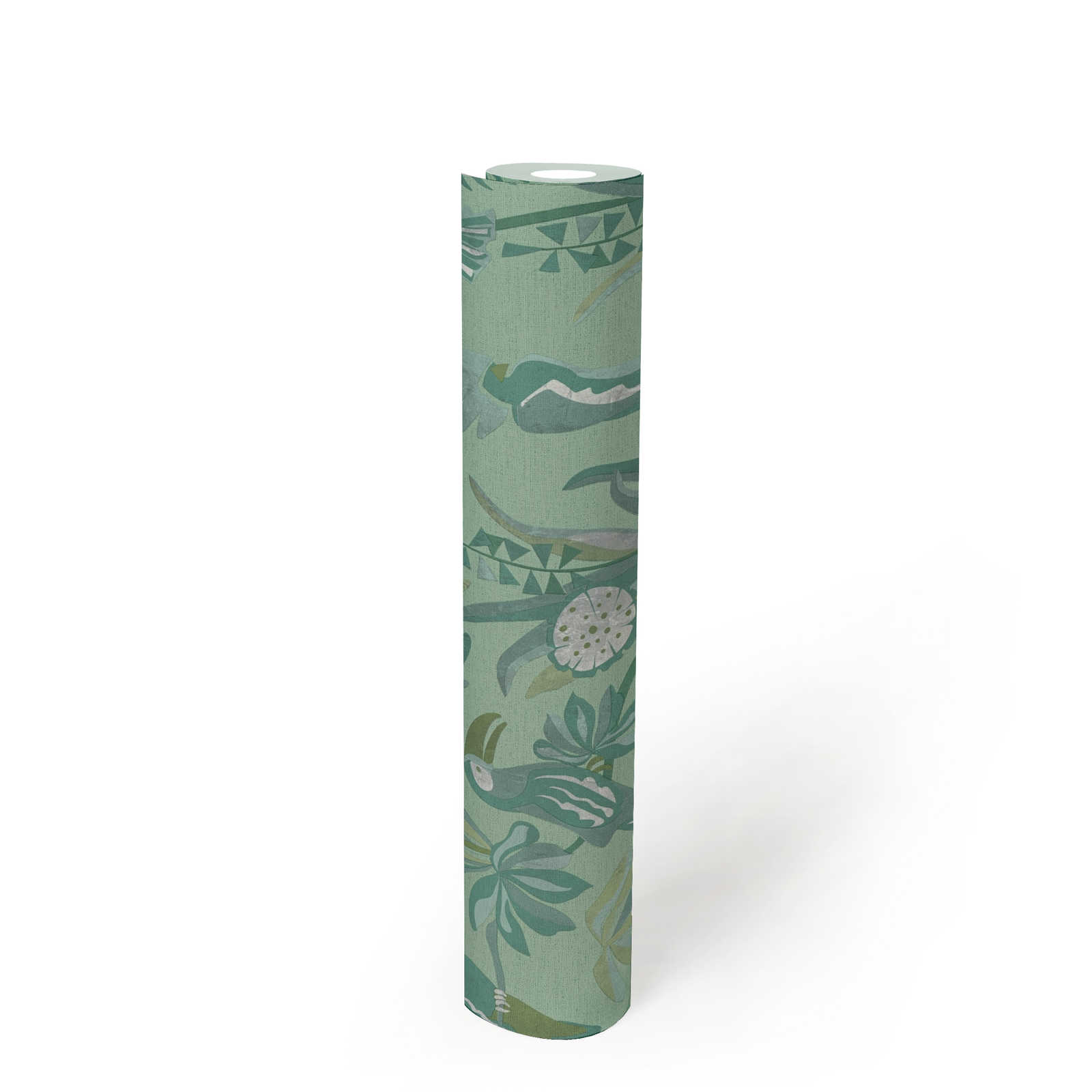             Non-woven wallpaper with jungle motif leaves & birds - green, grey
        
