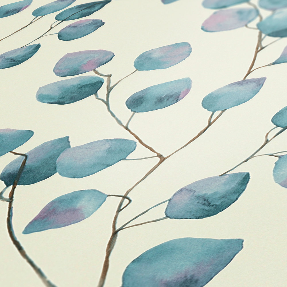             Papel pintado no tejido zarcillos de hojas en estilo acuarela - azul, blanco
        