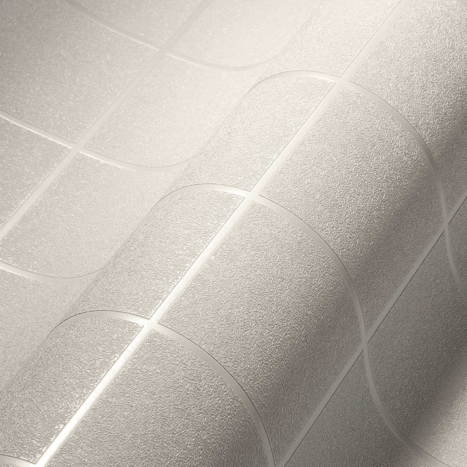             Papier peint motif carreaux, joints sombres & effet 3D - argent, blanc
        