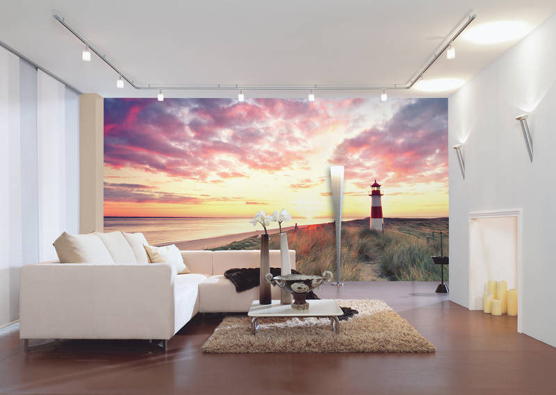             Beach mural lighthouse in the dunes on mother of pearl smooth nonwoven
        