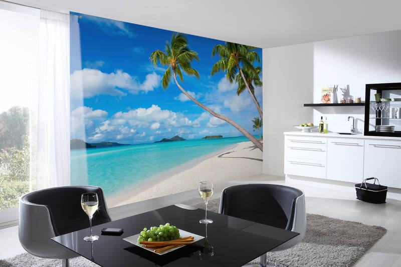             Beach mural palm trees by the sea on textured nonwoven
        