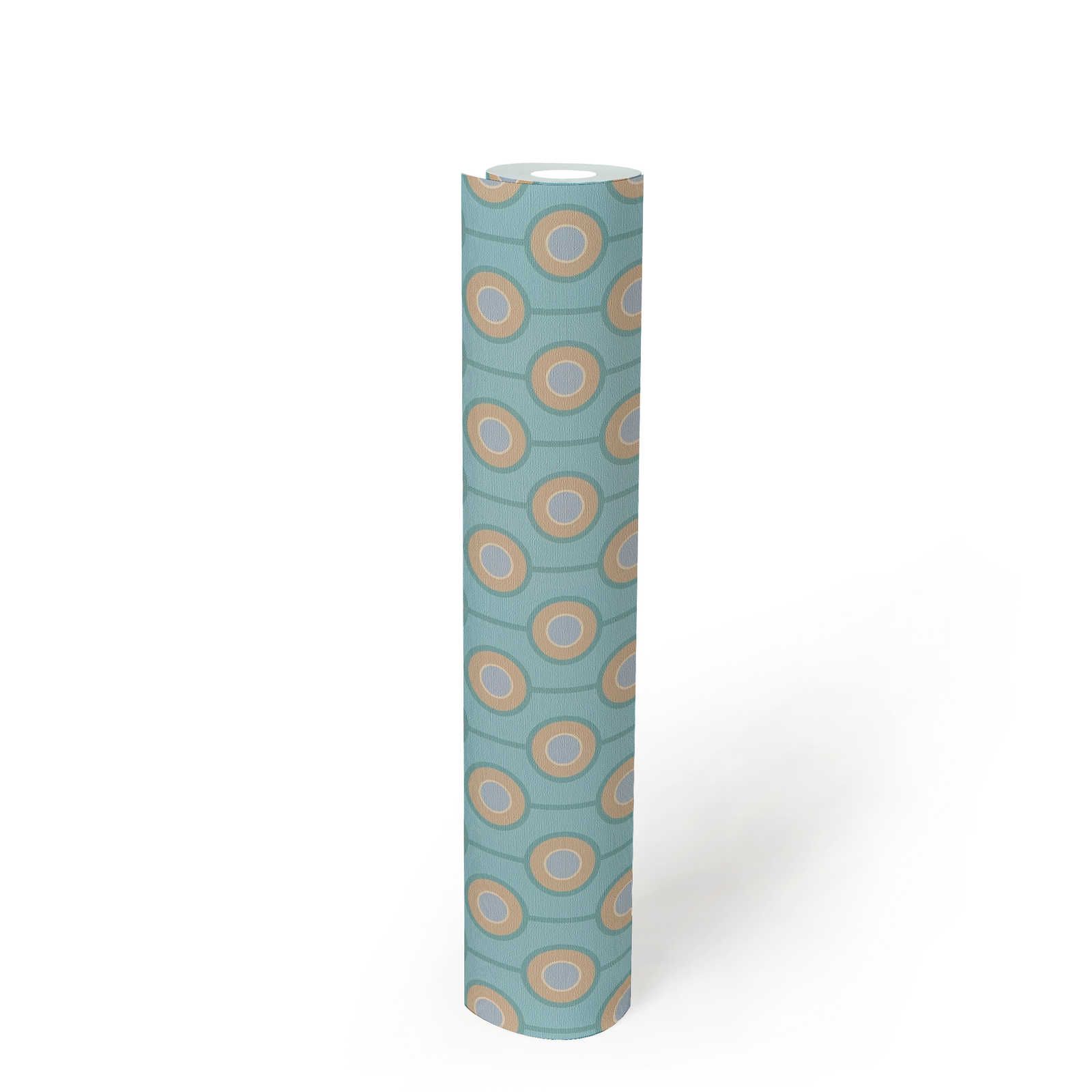             Retro circle pattern on lightly textured non-woven wallpaper - turquoise, blue, beige
        