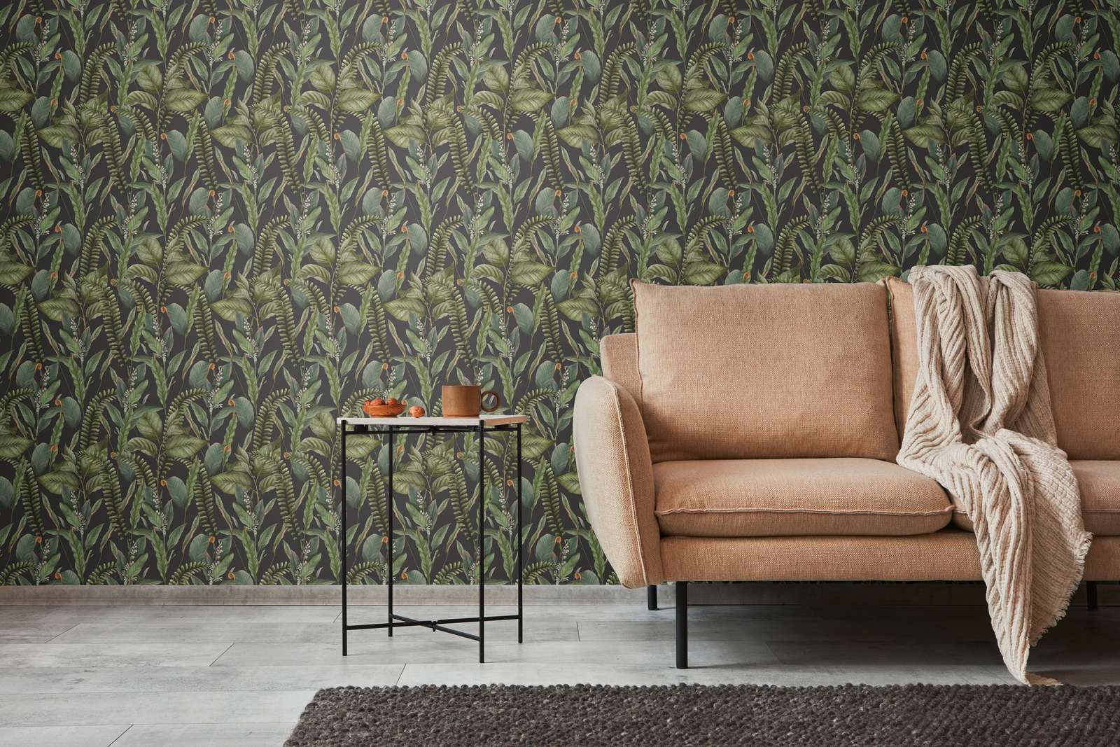             Floral style jungle wallpaper with leaves & flowers textured matt - black, green, orange
        