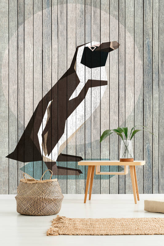             Born to Be Wild 4 - Digital behang Penguin op board muur - Houten panelen breed - Beige, Blauw | Parelmoer glad vlies
        