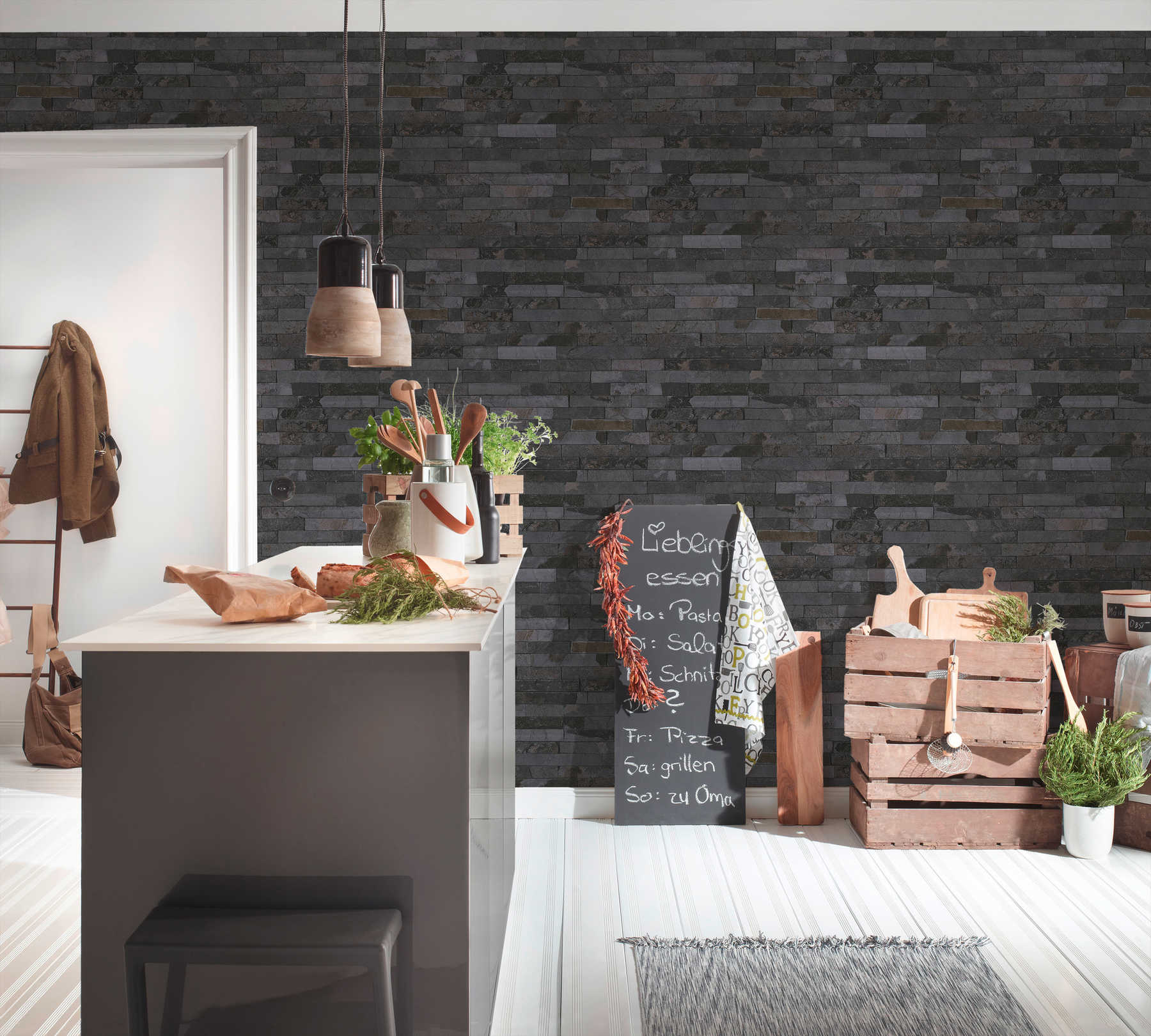             Stone wallpaper black wall & natural grain
        