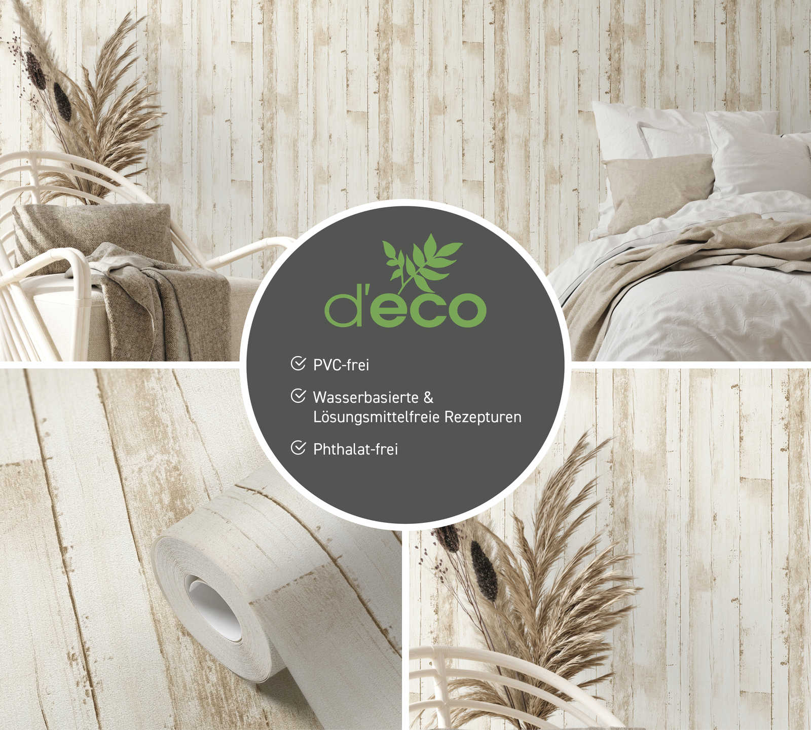             Non-woven wood wallpaper with plank look PVC-free - Beige, White
        