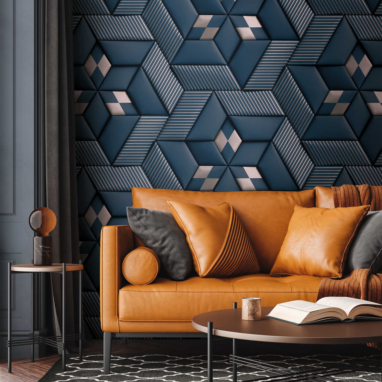 Vliesbehang met abstract 3D patroon - blauw, zilver

