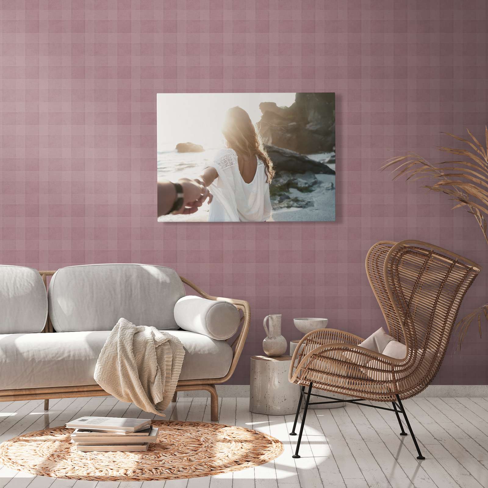             Papel pintado a cuadros con aspecto de lino sin PVC - Violeta
        