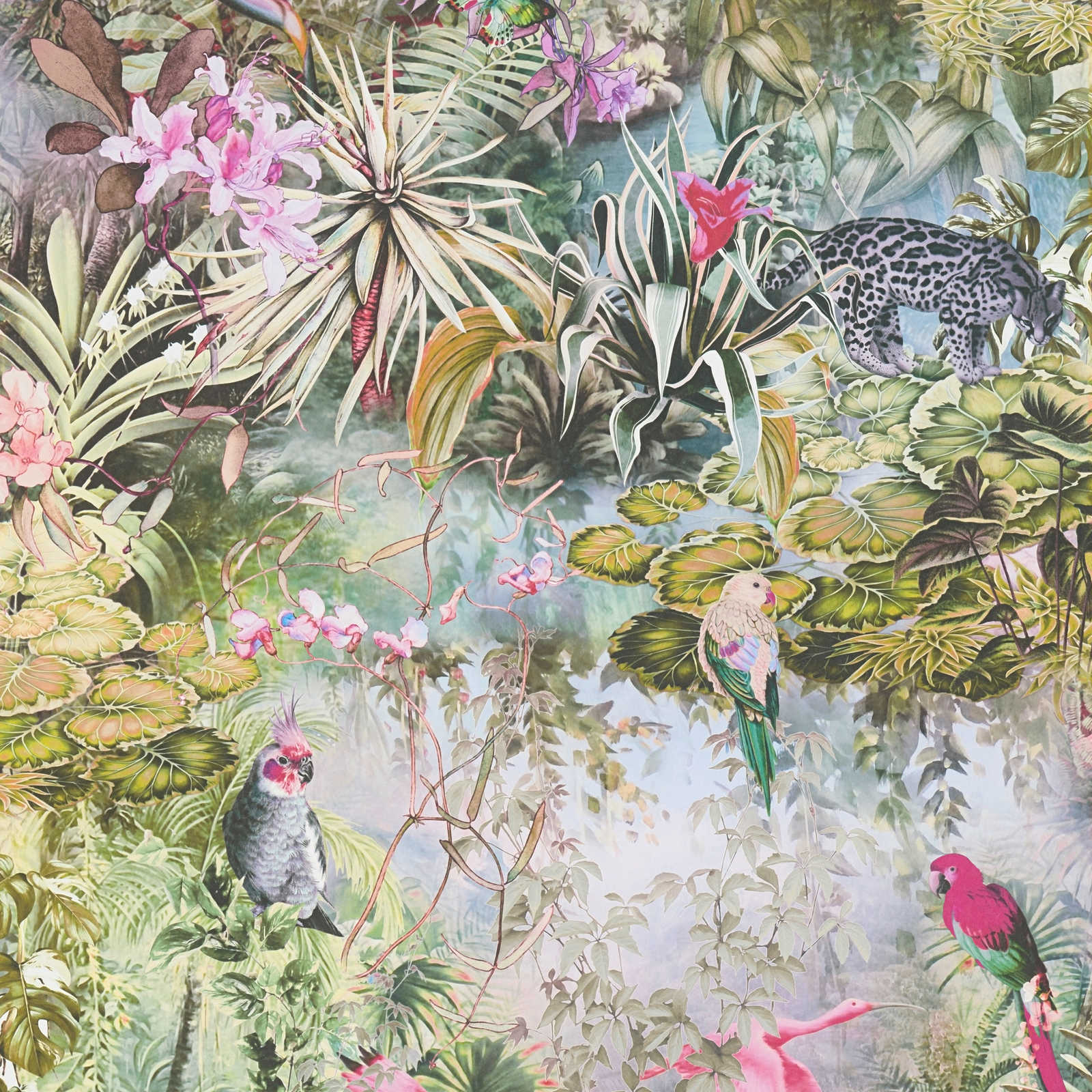             Jungle wallpaper parrot & leopard - green, pink, grey
        