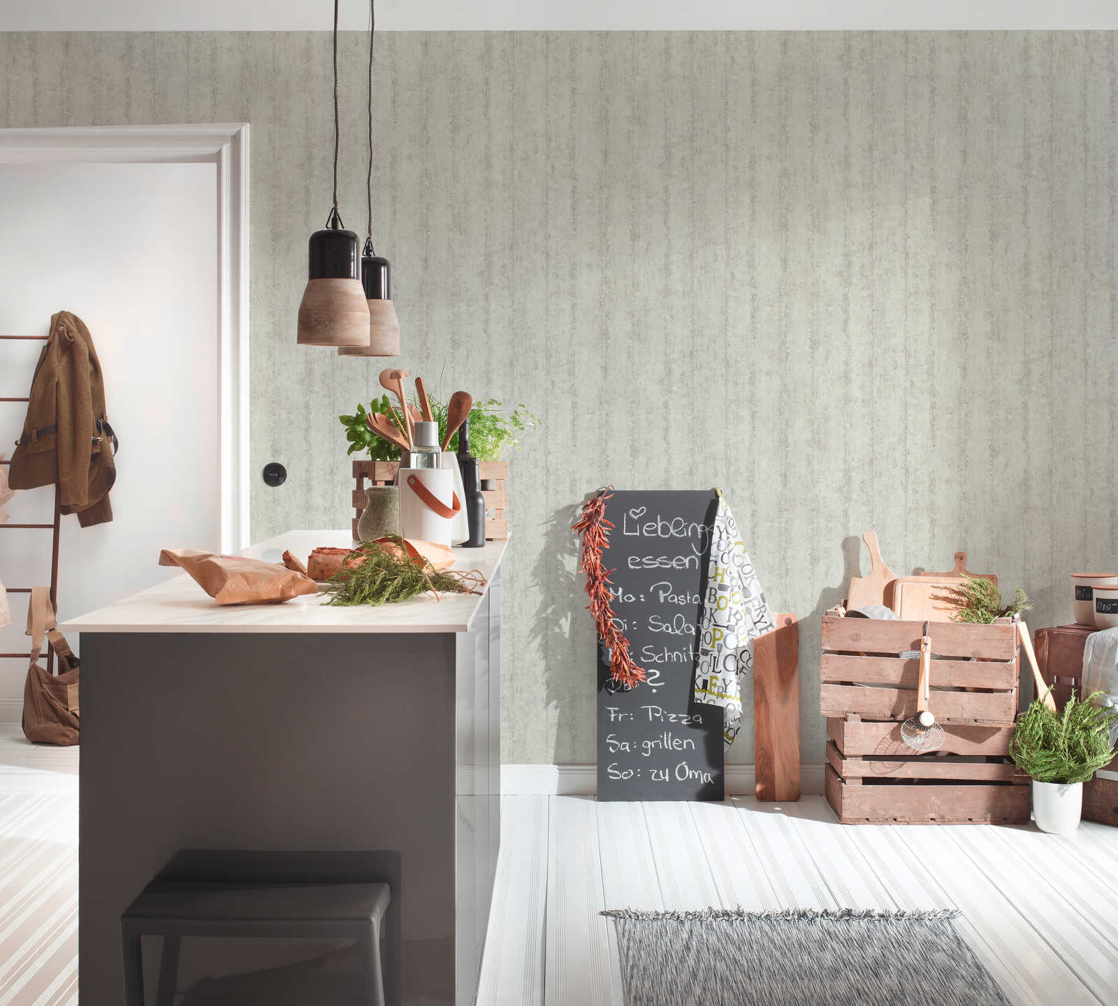             Non-woven wallpaper with concrete look stripe pattern - beige, grey
        