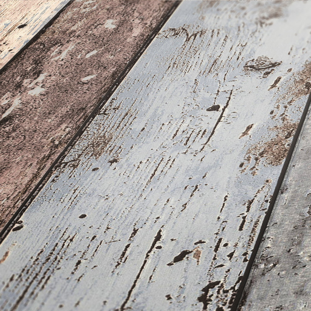             Wallpaper wood look rusitkale boards in vintage look - brown, blue, beige
        