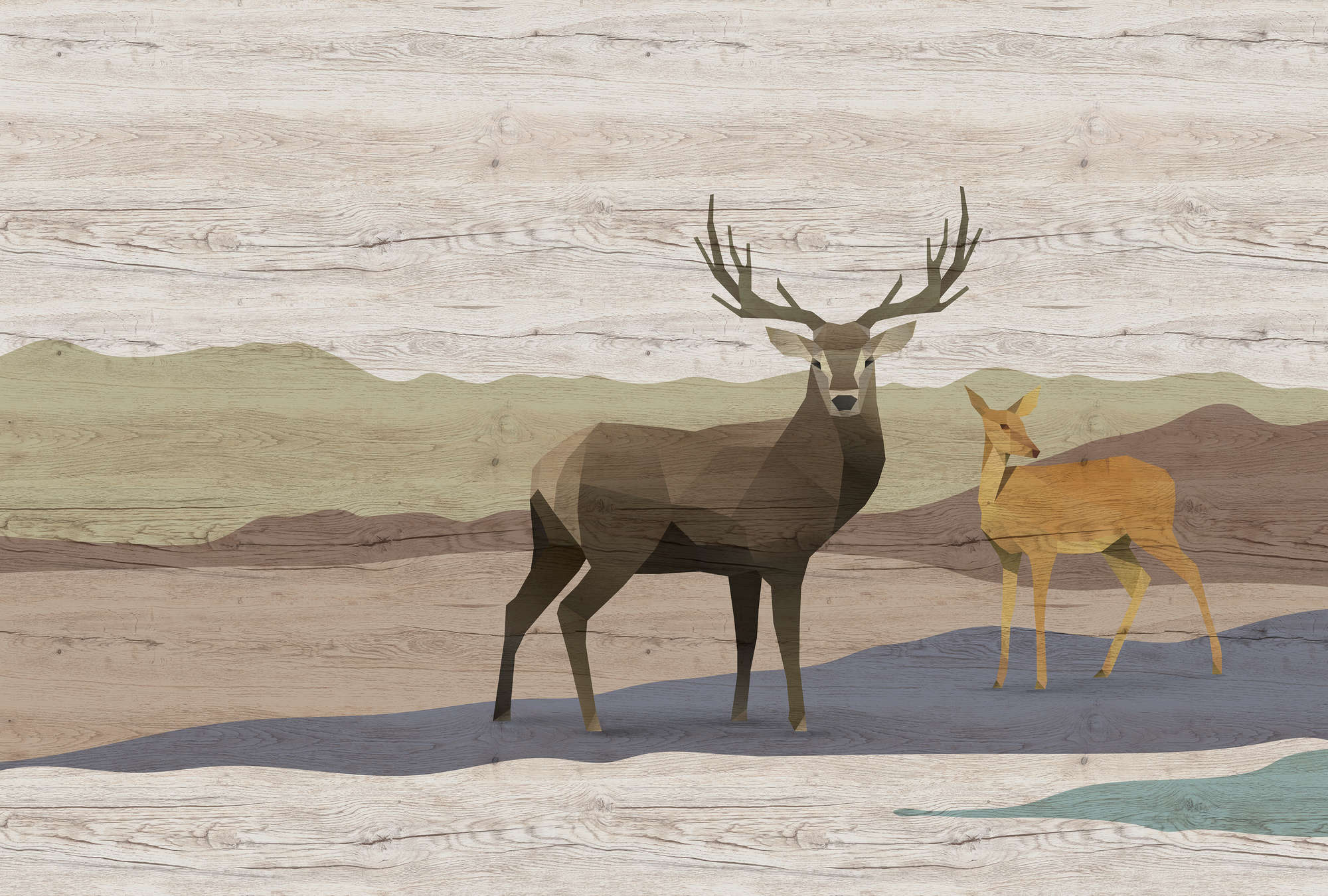             Yukon 2 - Carta da parati con venature del legno, disegno Cervo e Capriolo
        