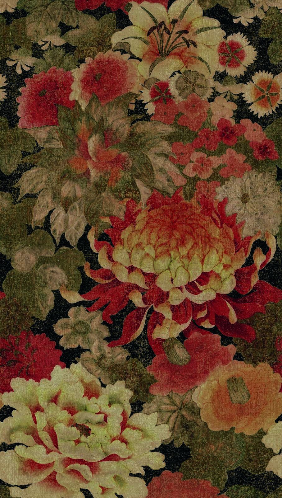             Papel pintado no tejido con gran motivo floral - beige, rojo, verde
        