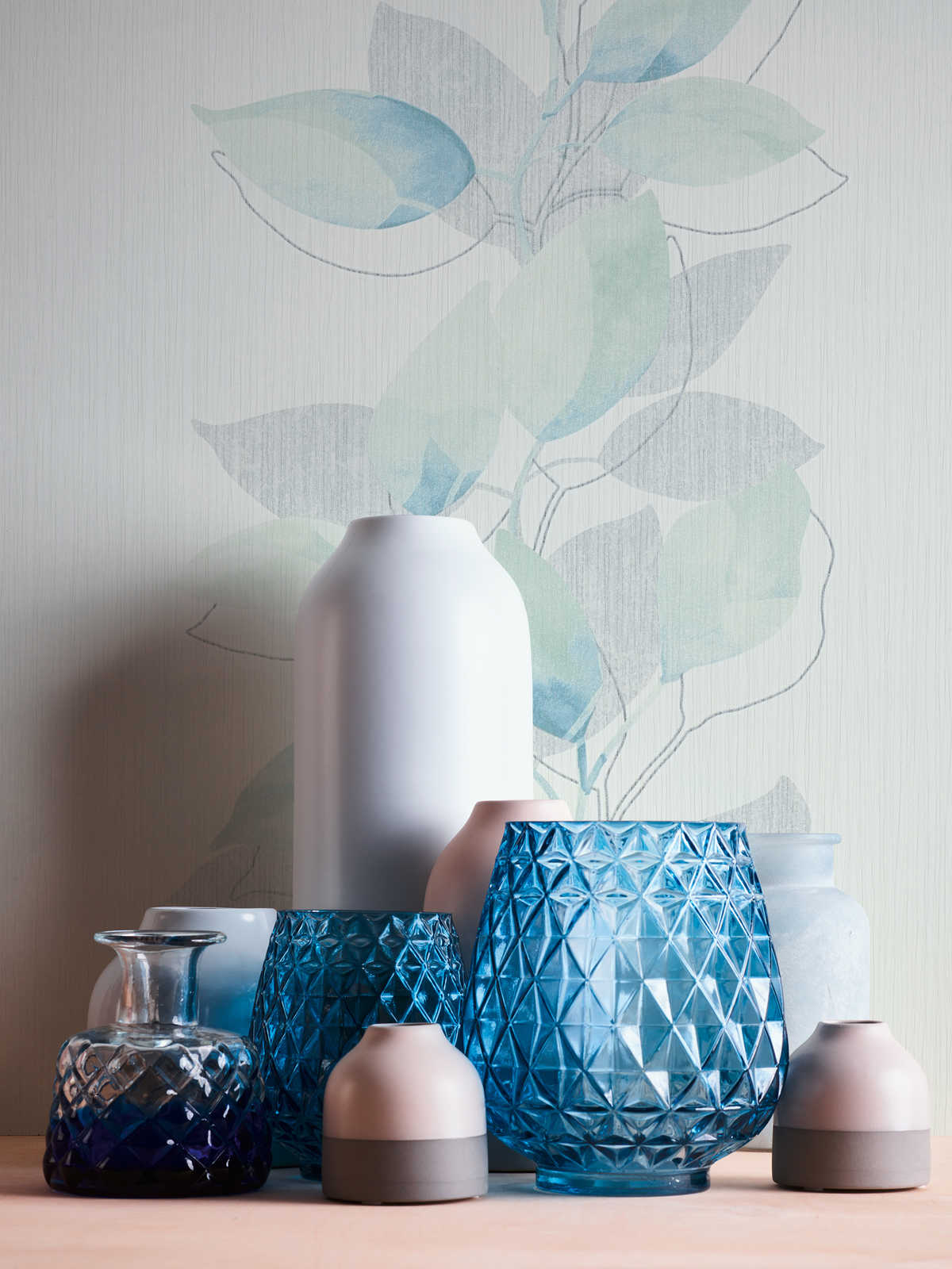             Papier peint intissé Feuilles avec motif aquarelle - crème, bleu
        