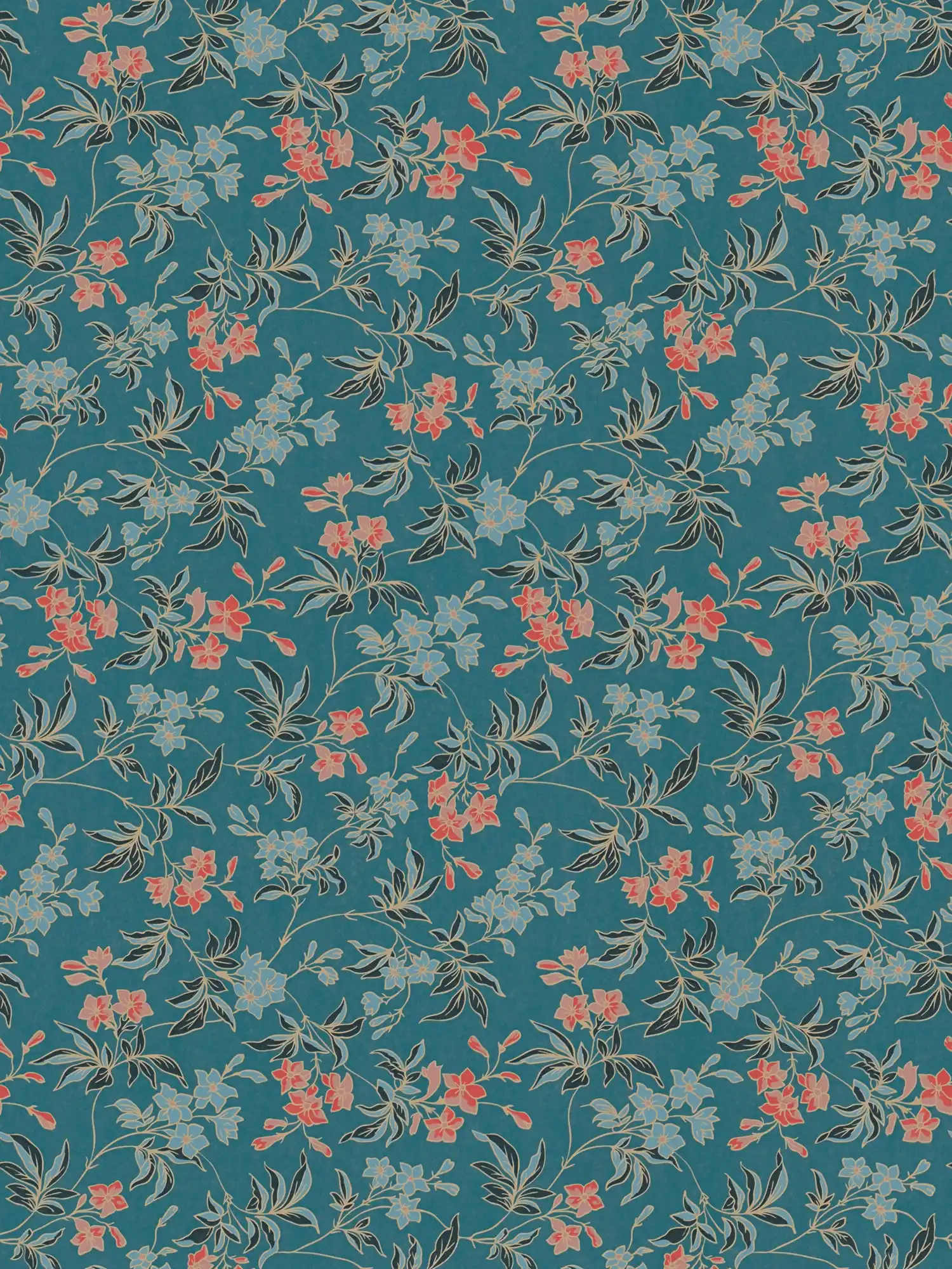 Flower tendrils non-woven wallpaper in English style - blue, red, yellow
