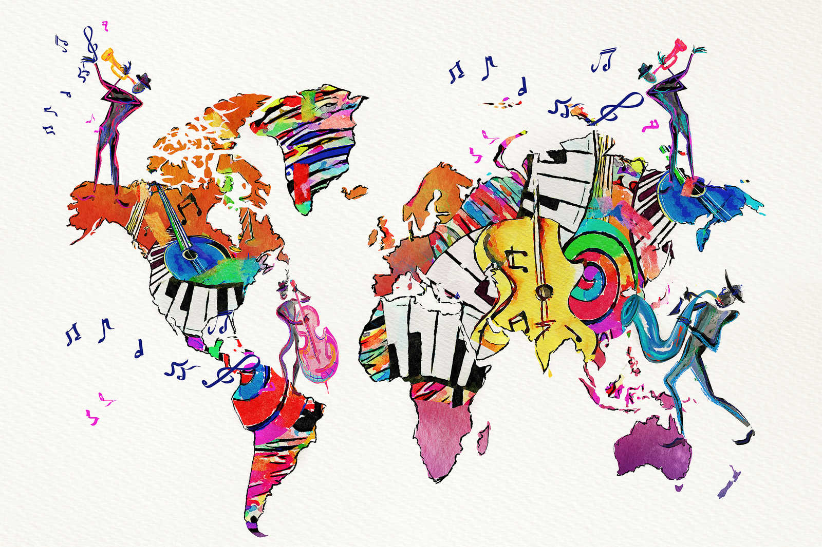             Canvas painting with world map filled with instruments and clefs - 0.90 m x 0.60 m
        
