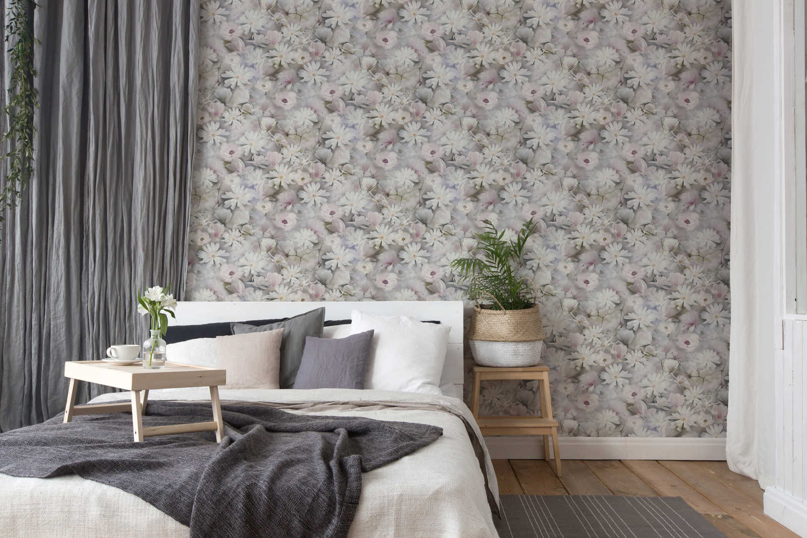             Wallpaper flowers collage in bright colours - grey, white
        