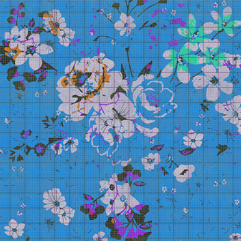 Bloemrijkplaid 3 - Digital behang kleurrijk bloemenmozaïek blauw - geruite structuur - blauw, groen | structuurvlies

