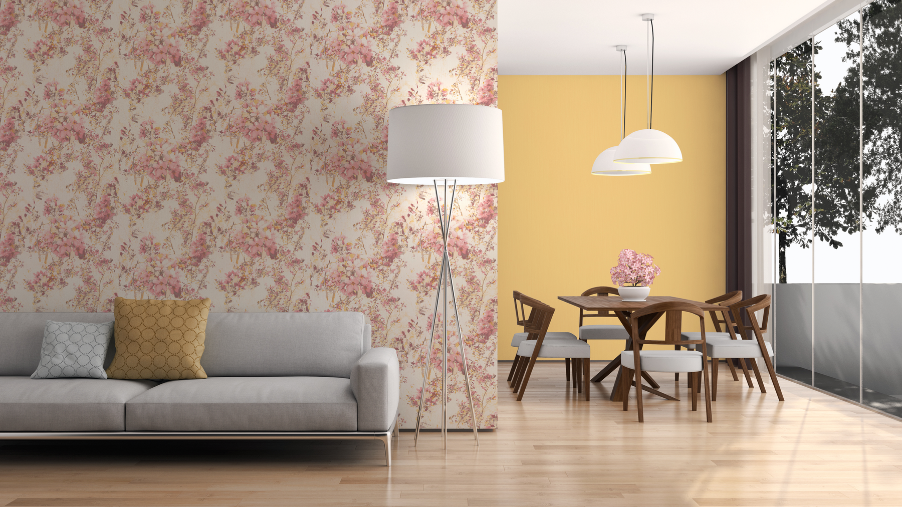            Flowers non-woven wallpaper with floral motif - pink, yellow
        