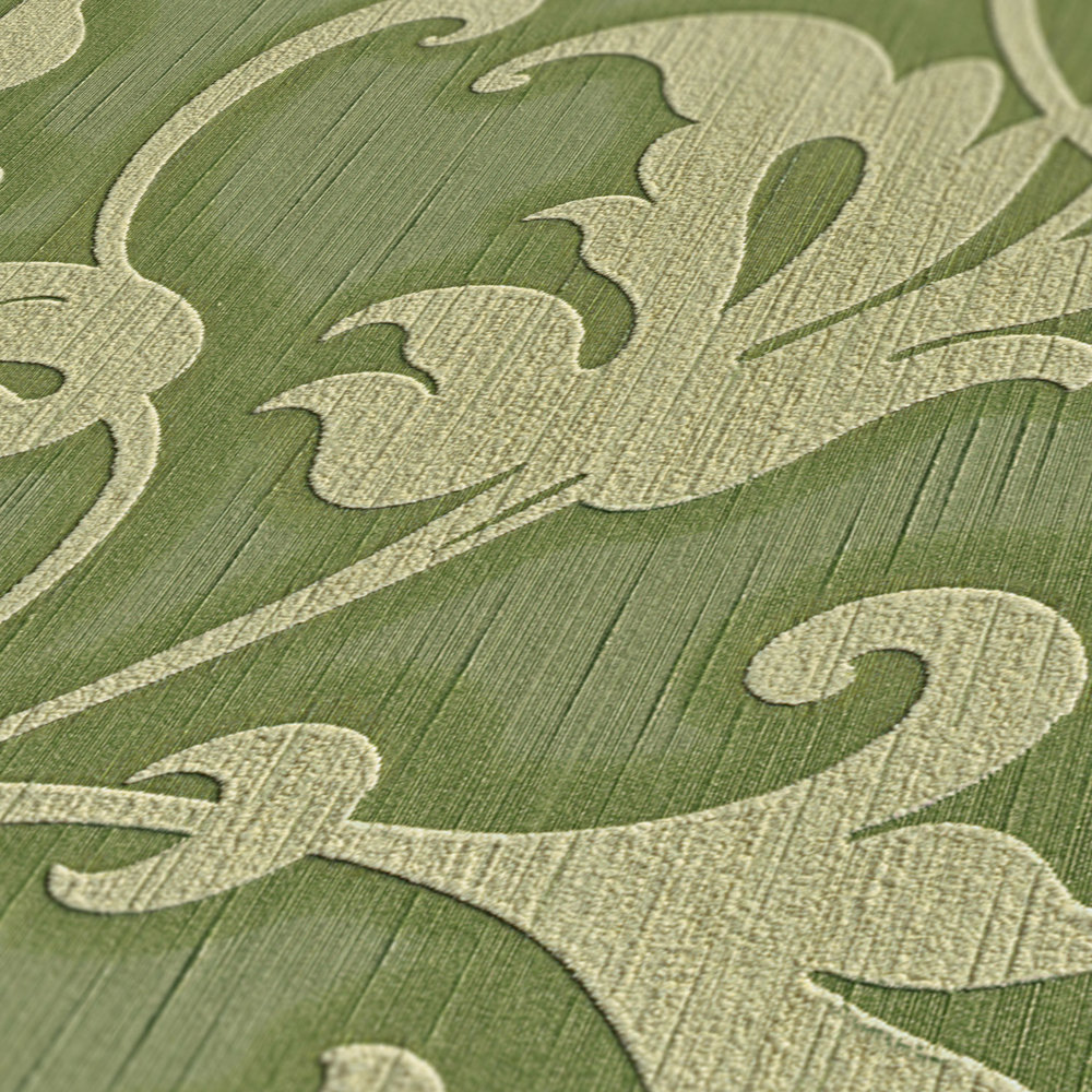             Vliesbehang met 3D ornament patroon & structuur design - groen, metallic
        