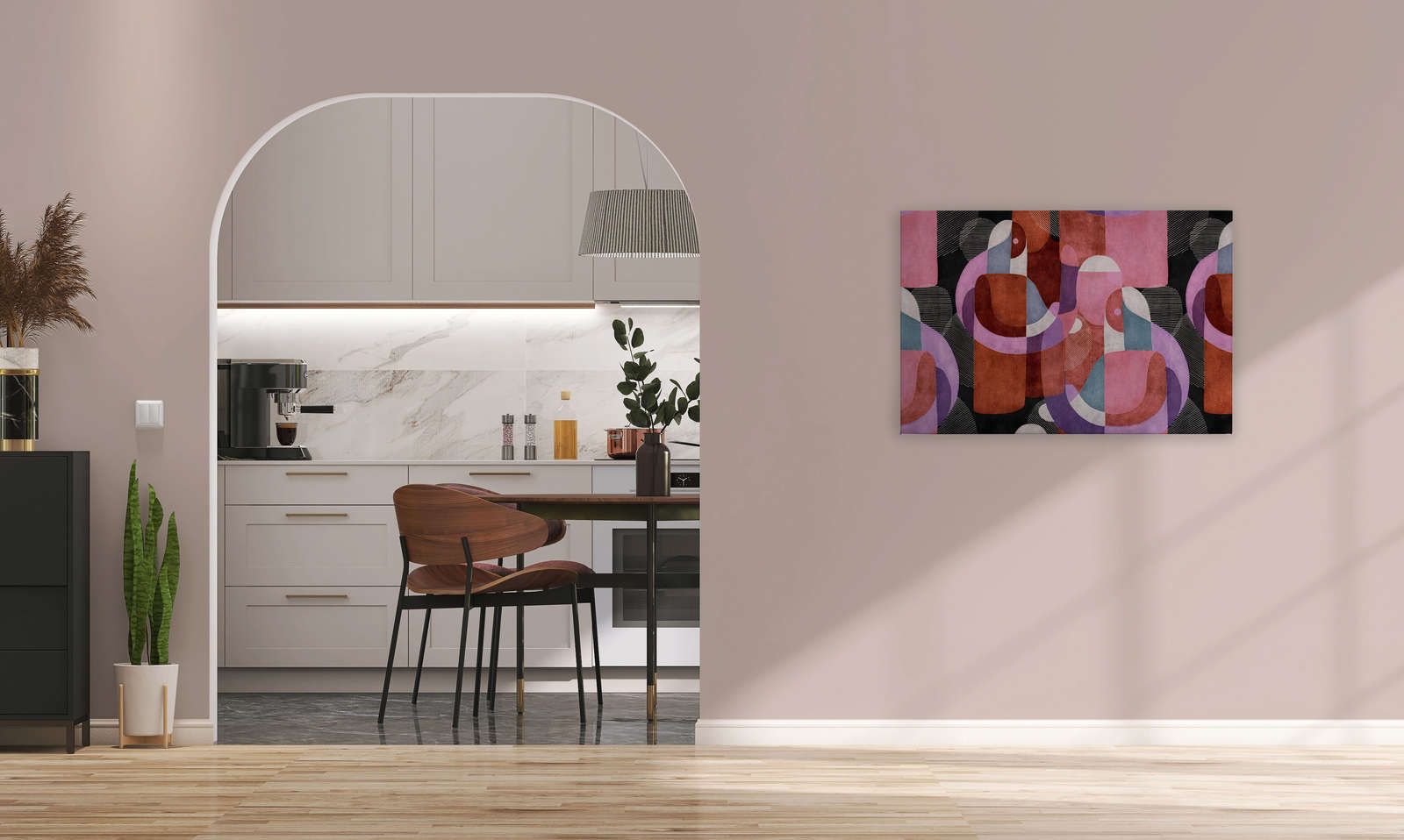             Meeting Place 2 - Canvas schilderij abstract etno design in zwart & roze - 0,90 m x 0,60 m
        