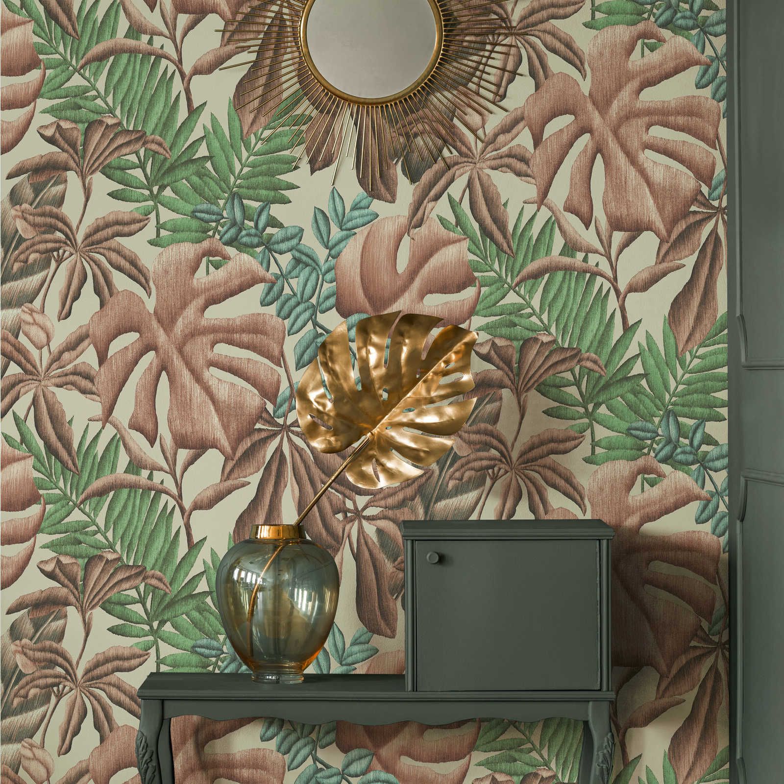 Leaf pattern non-woven wallpaper with banana leaves & fern - pink, green, cream
