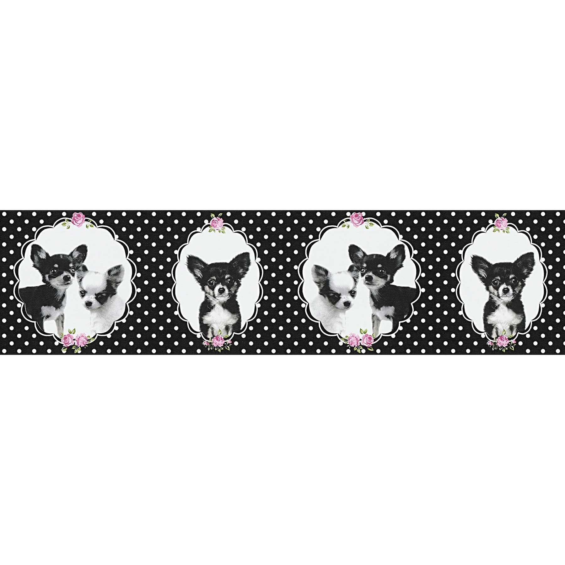 Nursery wallpaper border dog puppies & dots - Black
