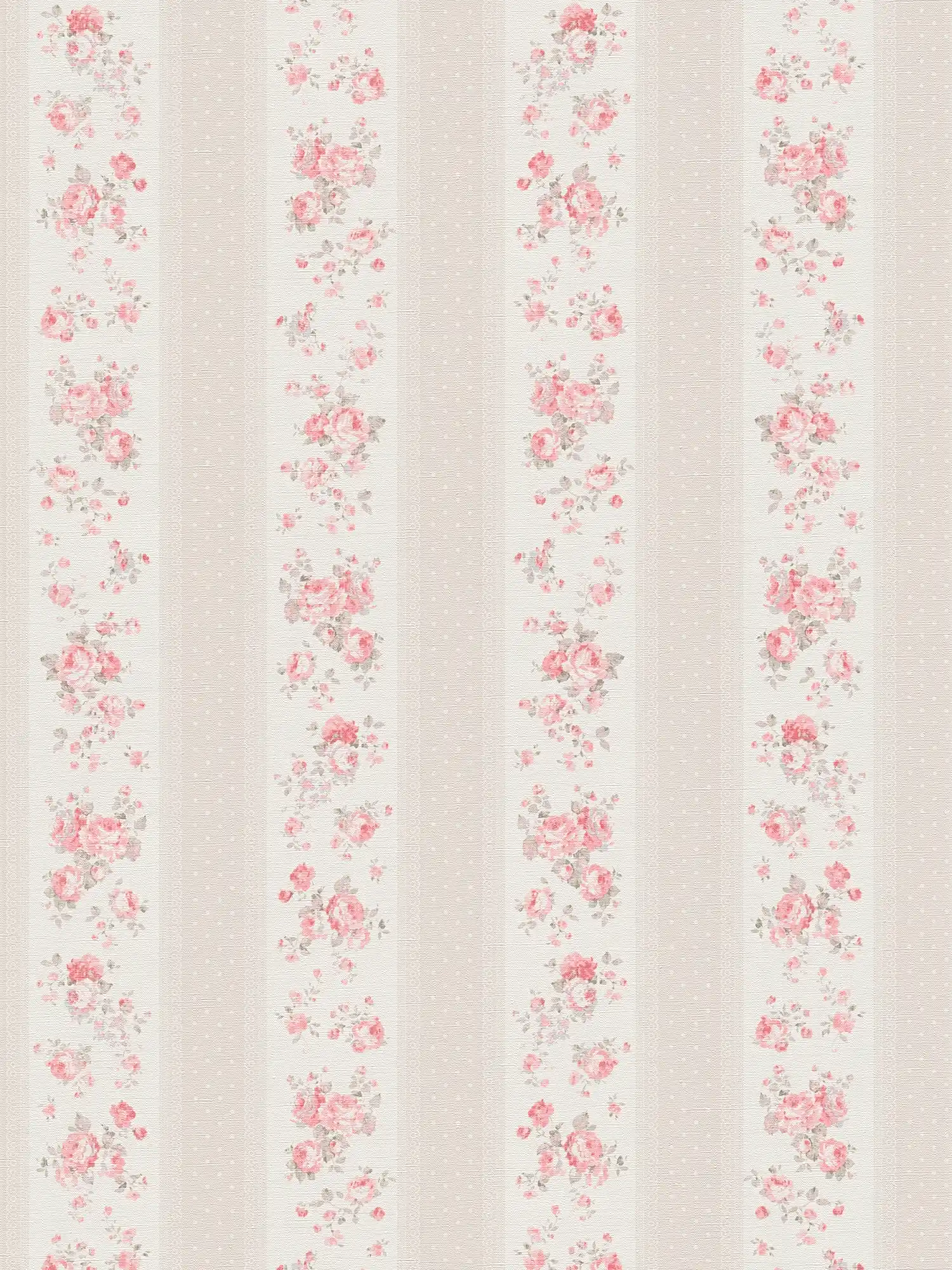 Shabby Chic style wallpaper with floral and dotted stripes - greige, white, red
