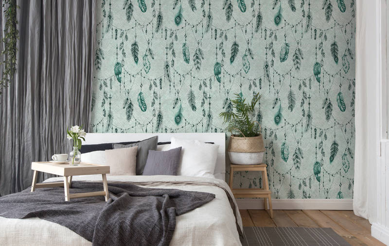             Boho photo wallpaper with feathers & linen look - green, black
        