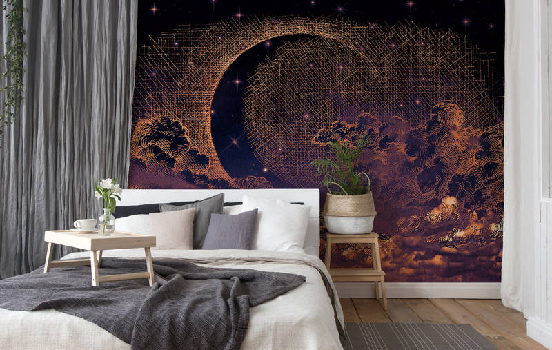            Mural Cielo con Luna, Estrellas y Nubes - Naranja, Morado, Blanco
        