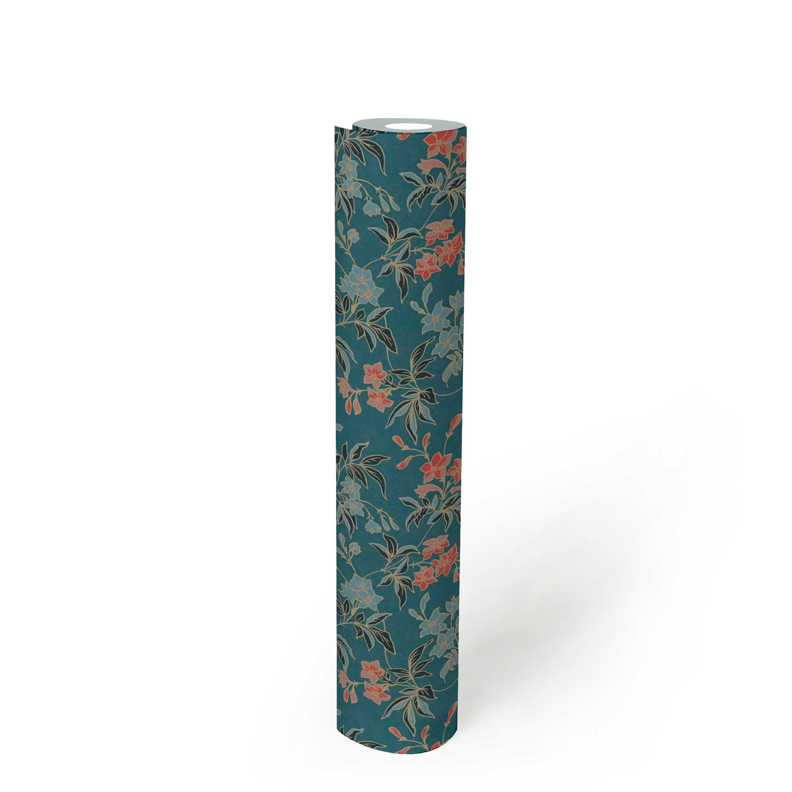             Flower tendrils non-woven wallpaper in English style - blue, red, yellow
        