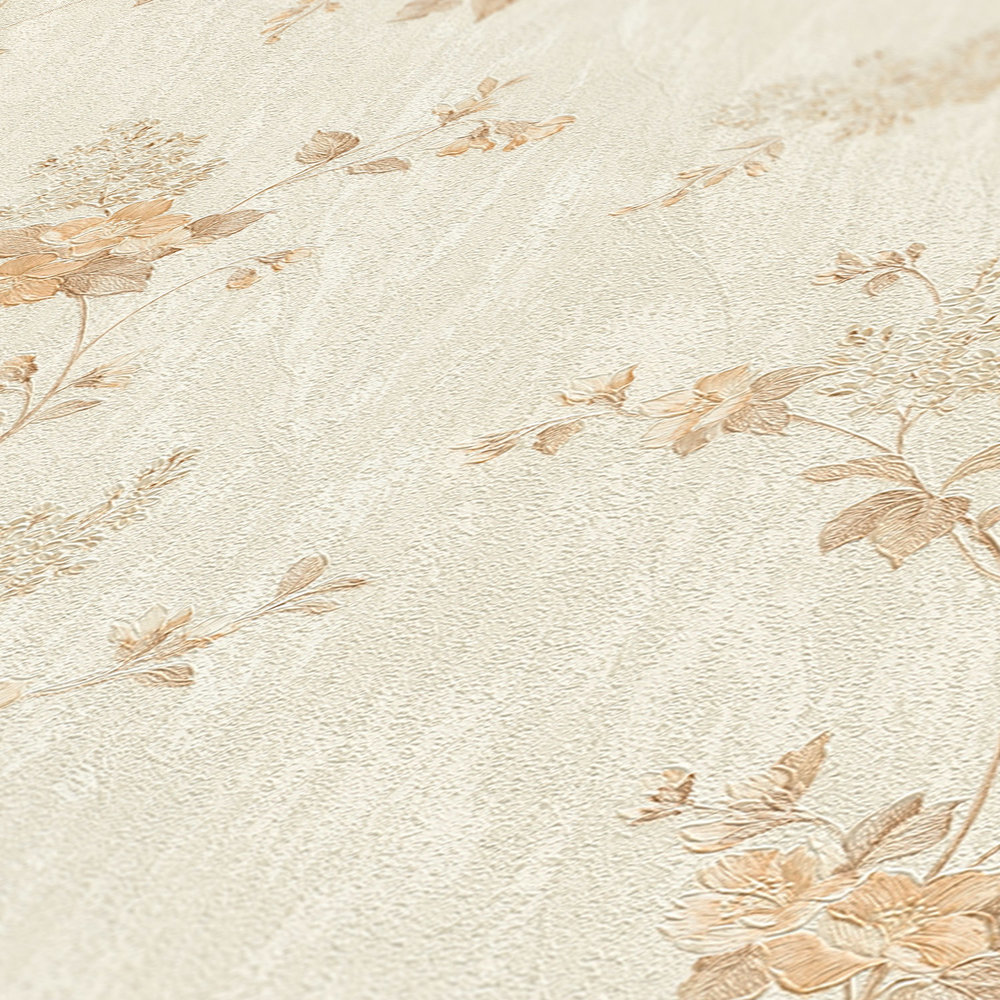             Papier peint avec motifs floraux et aspect plâtre - beige
        