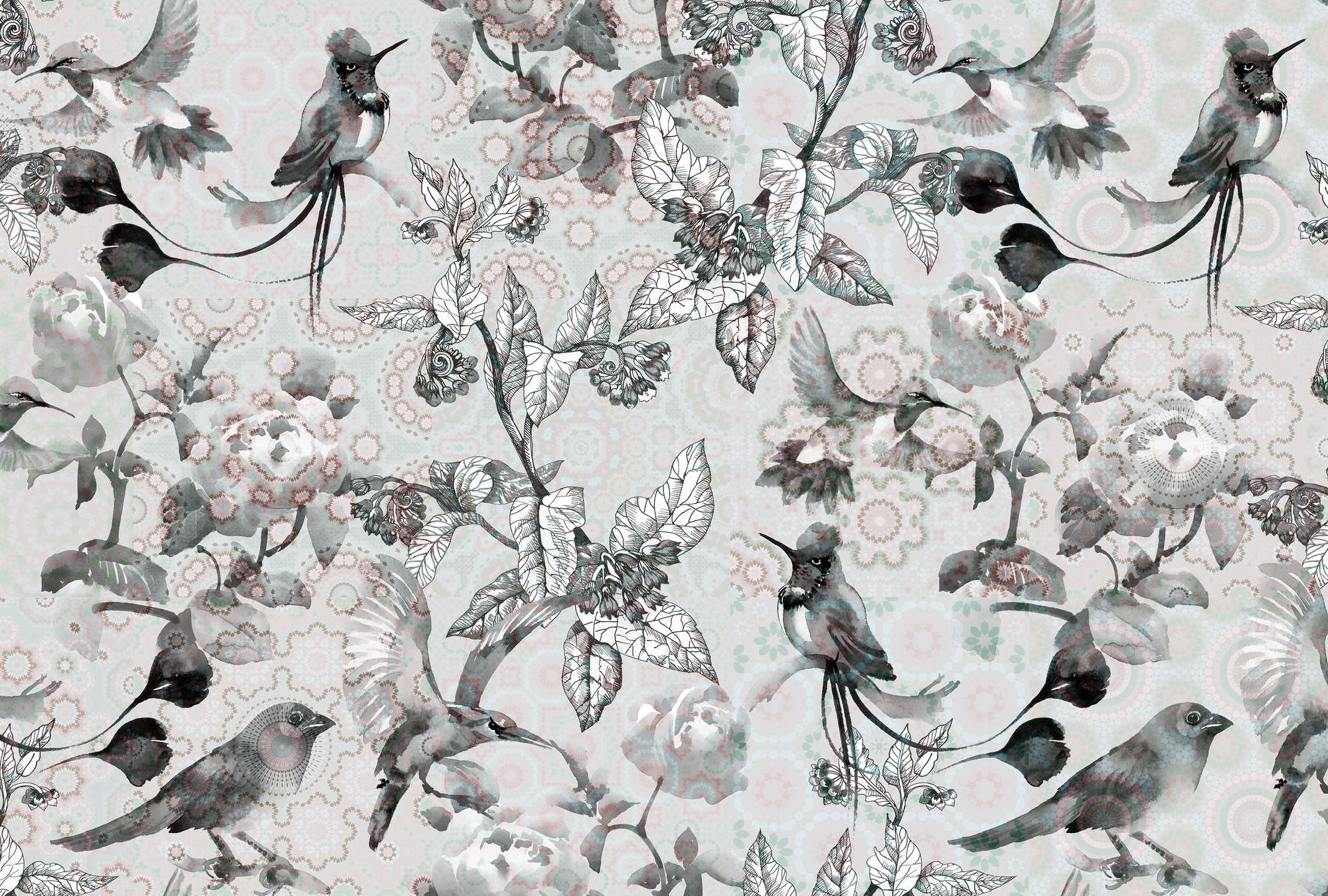             Photo wallpaper nature design in collage style - grey, white
        