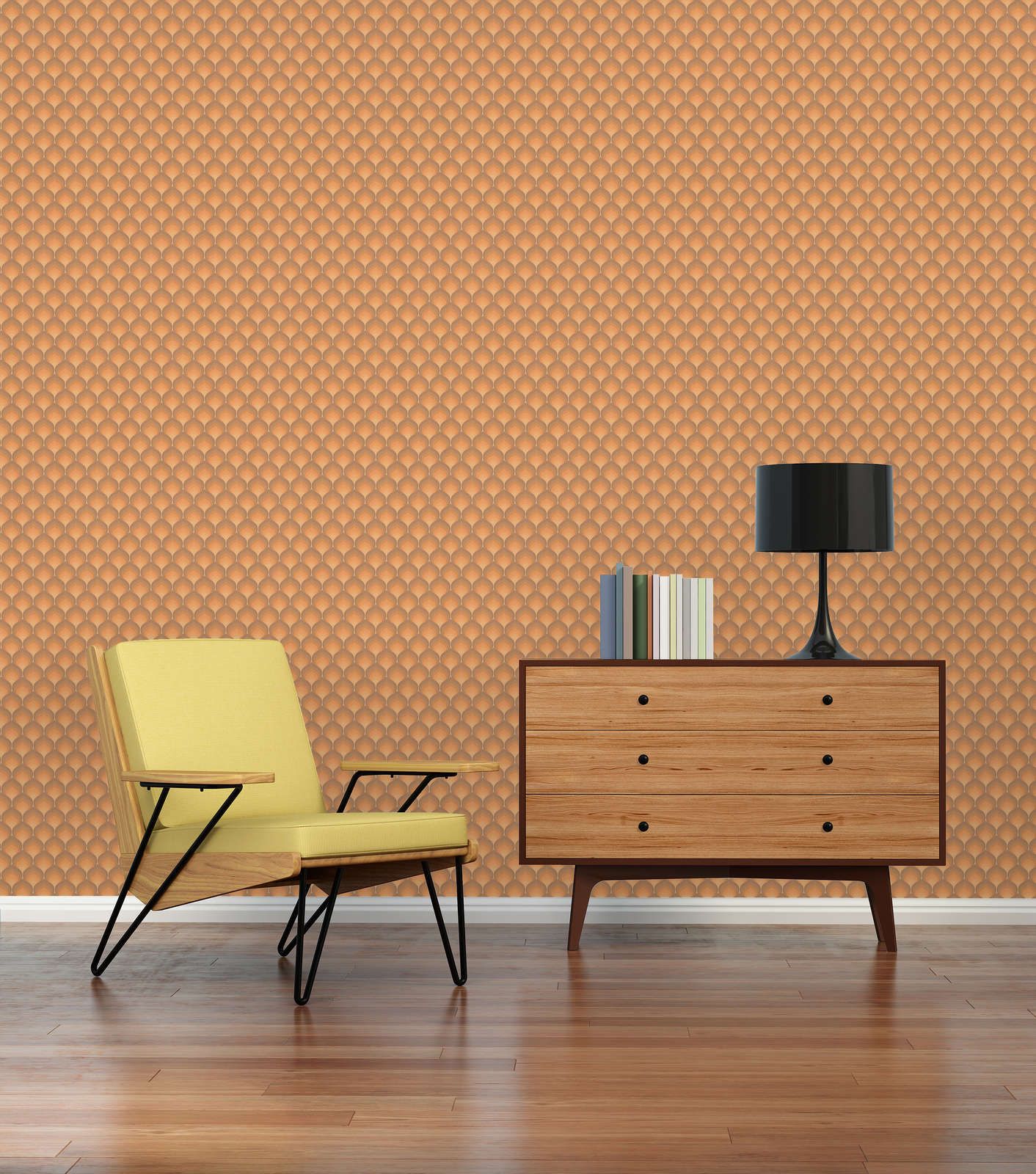             Retro wallpaper with textured scale pattern - brown, yellow, orange
        