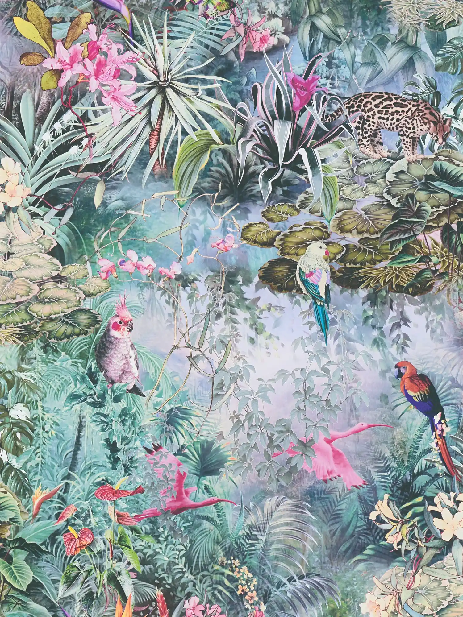 Papel pintado de la selva, animales y plantas con aspecto de acuarela
