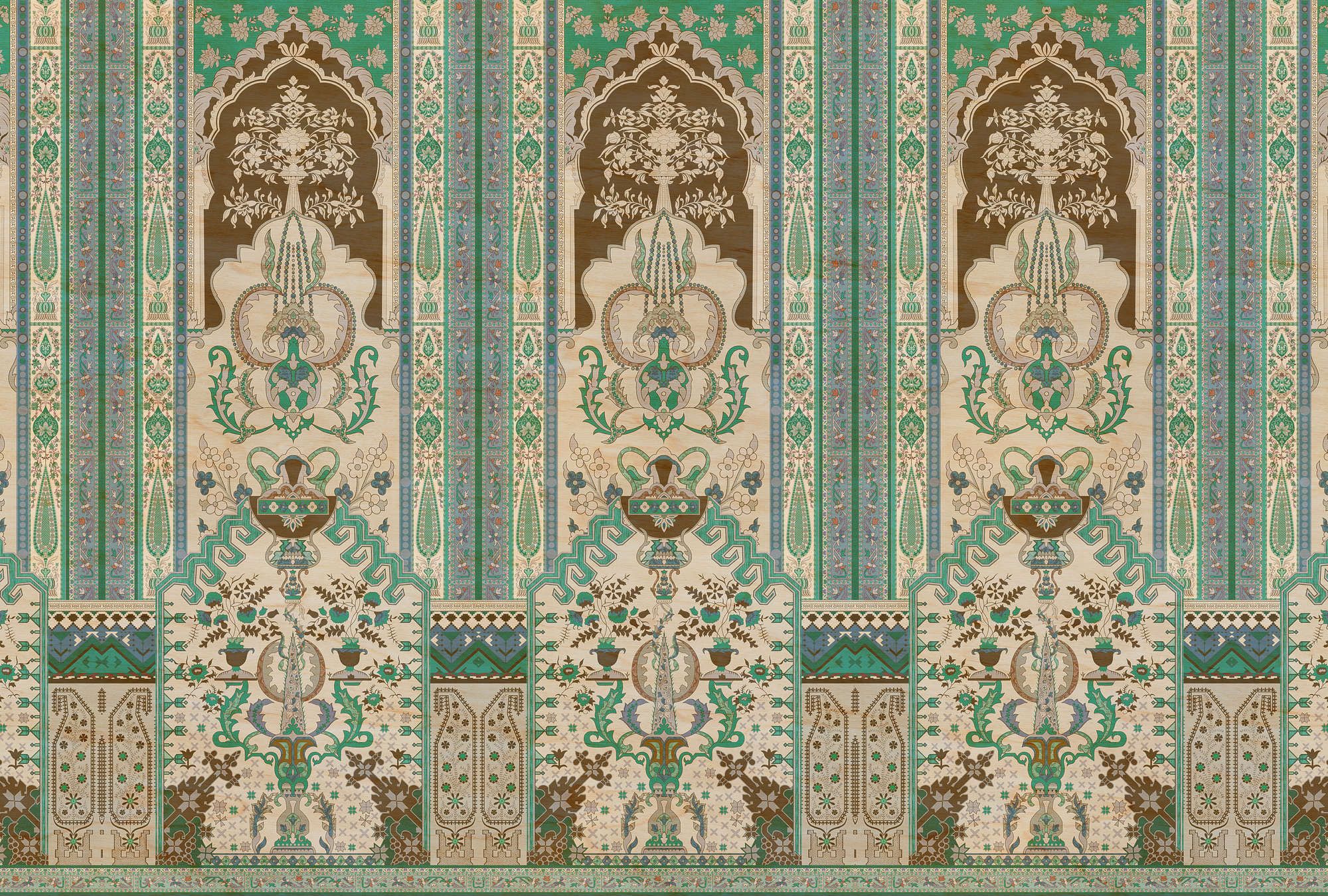             Photo wallpaper »tara« - Ornamental panelling with plywood structure - Green, Beige | Matt, Smooth non-woven
        