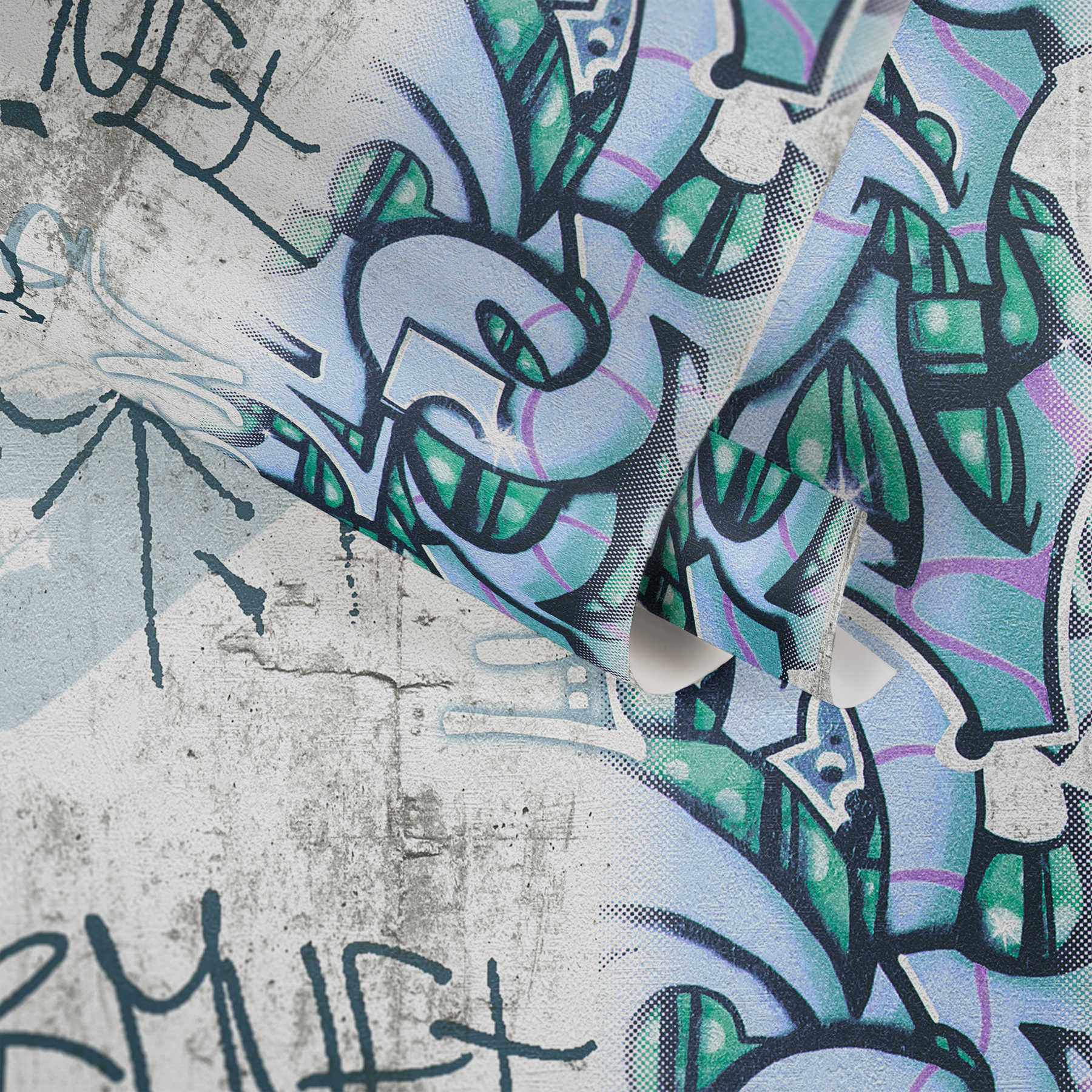             Youth room wallpaper graffiti in street look - grey, green
        