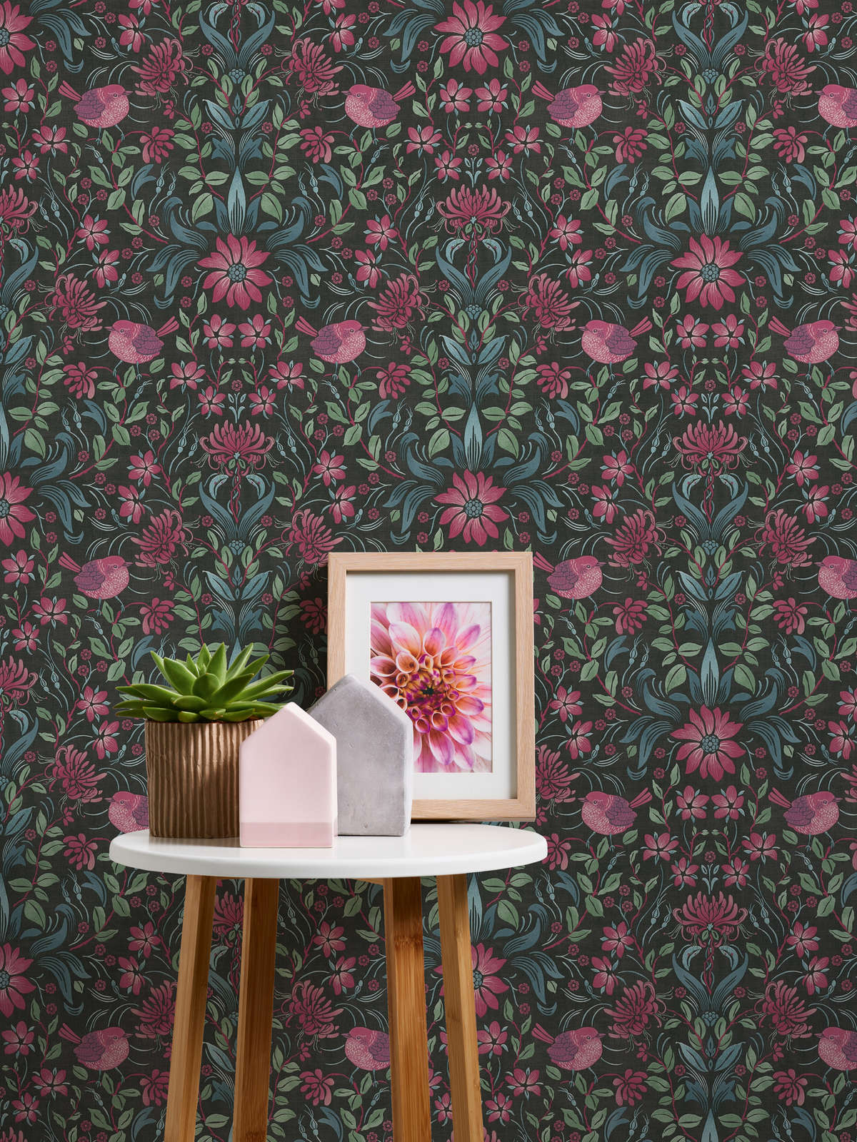             Playful floral wallpaper with birds - black, pink, blue
        