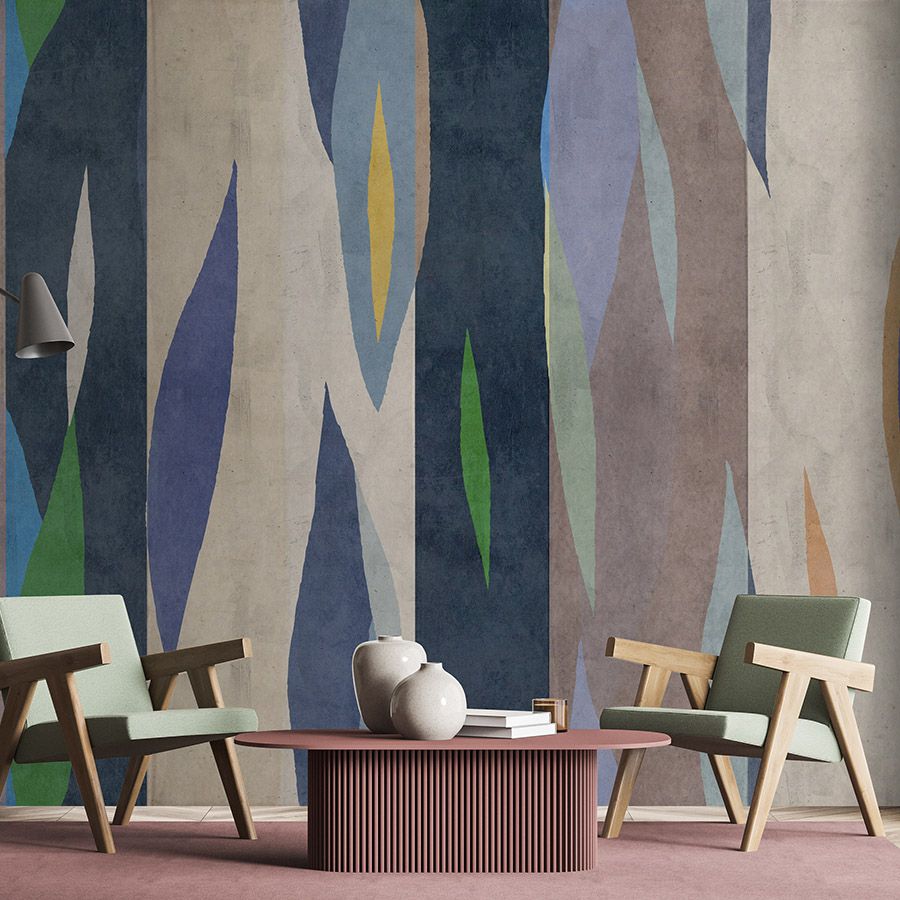 Photo wallpaper »vito« - Colourful tiger pattern on concrete plaster look - Blue, Green | Matt, Smooth non-woven fabric
